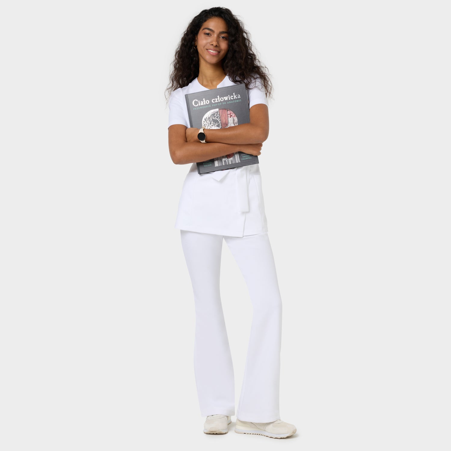 Spodnie medyczne damskie flare w kolorze White - dopasowane w biodrach, rozszerzane od kolana - Vena Uniformy
